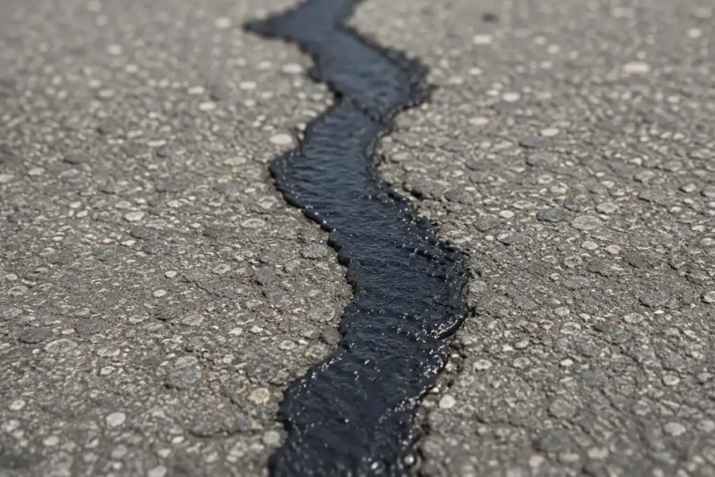 Close-up texture of fresh asphalt crack seal material