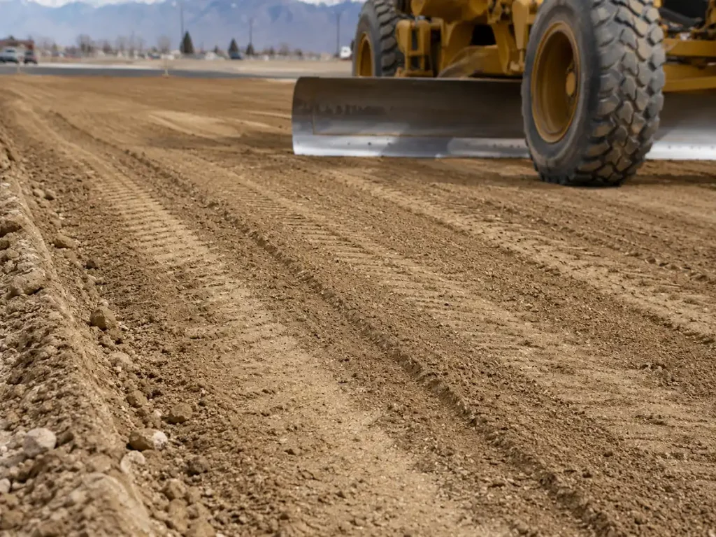 Close-up of a freshly graded surface in Utah showing precision grading and site preparation for paving.