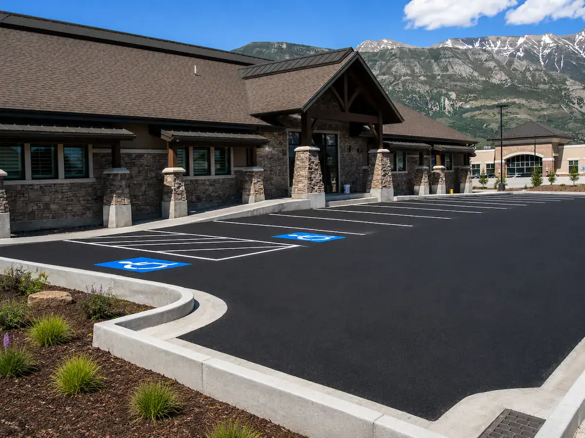 Commercial asphalt parking lot striping in Utah with clean pavement markings