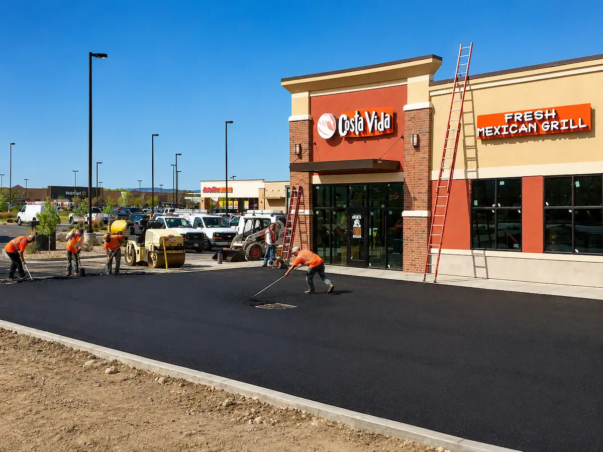 Commercial asphalt paving crew working at restaurant parking lot in Utah