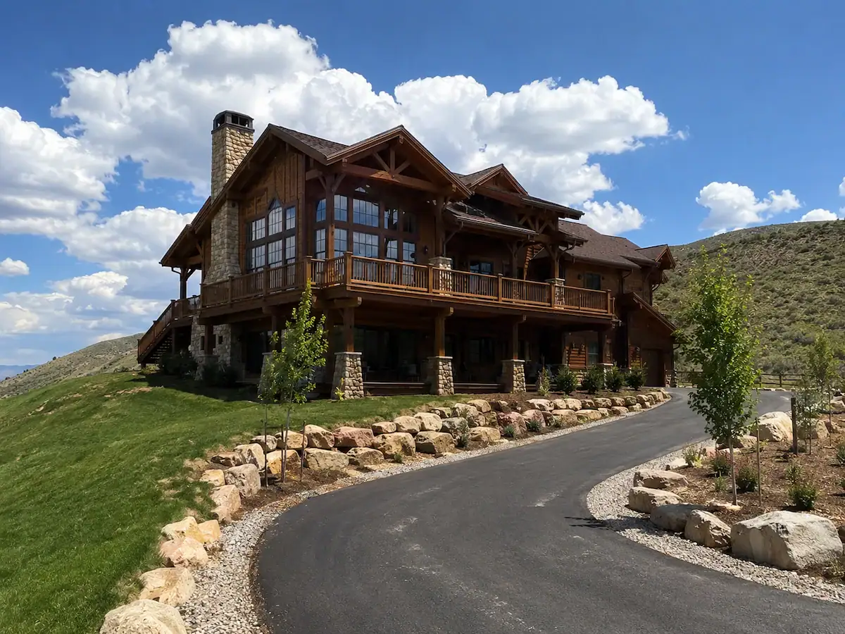 Luxury mountain home with curved asphalt driveway in Utah