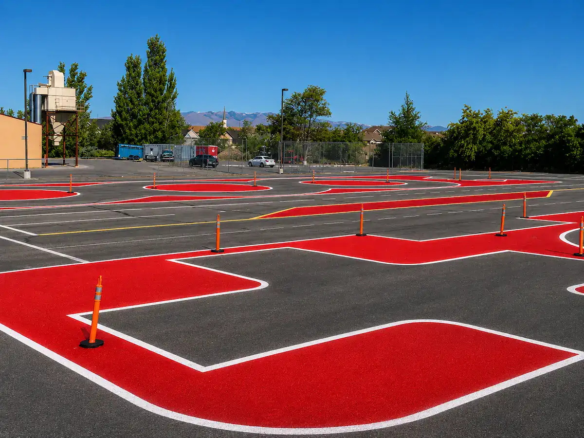 School safety striping with red pavement markings in Utah parking lot