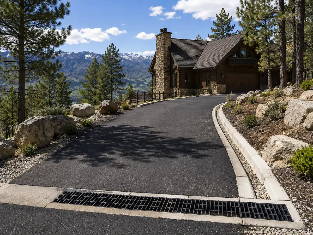 Mountain cabin driveway in Utah featuring a trench drain system designed to collect runoff water and protect asphalt pavement.