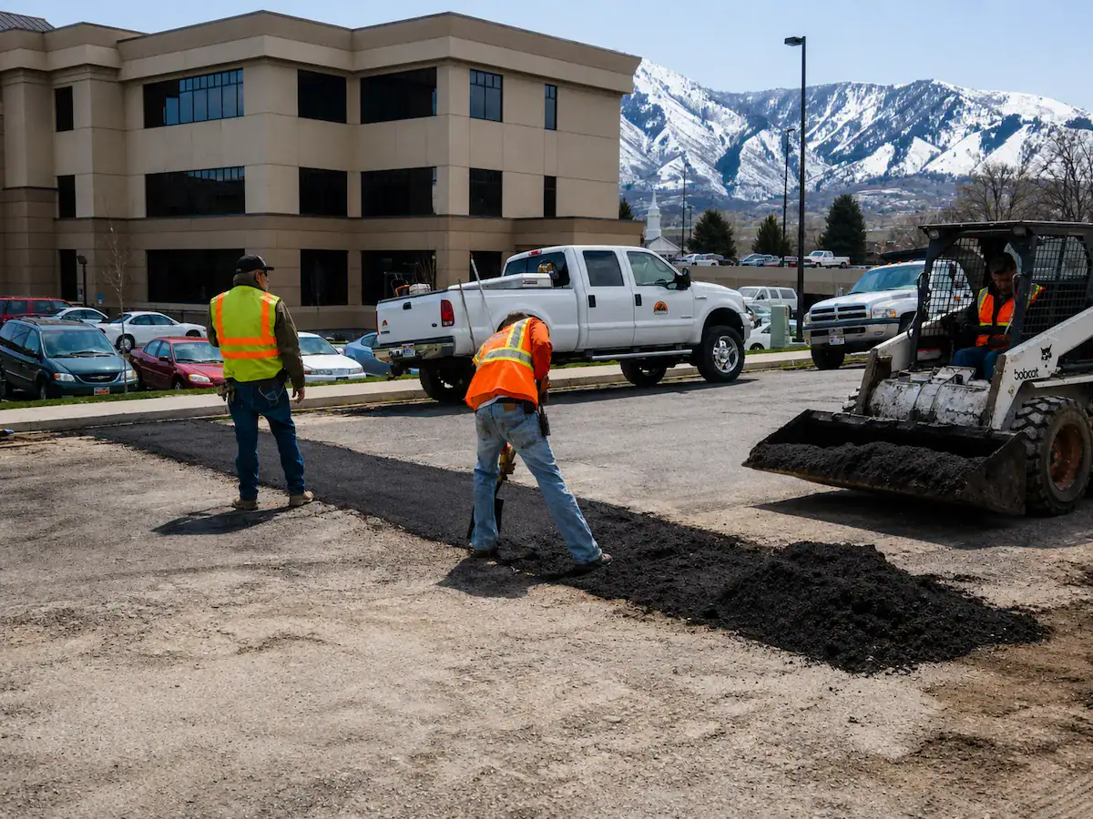 Commercial asphalt patching project in Utah with crew performing full-depth pavement repairs near an office building and mountain backdrop.