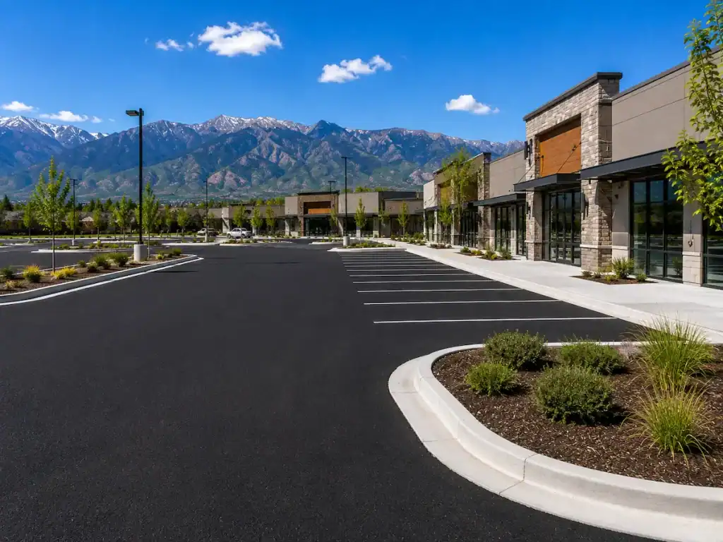 Commercial property in Utah featuring fresh asphalt paving, concrete curbs, sidewalks, and landscaped parking lot islands.