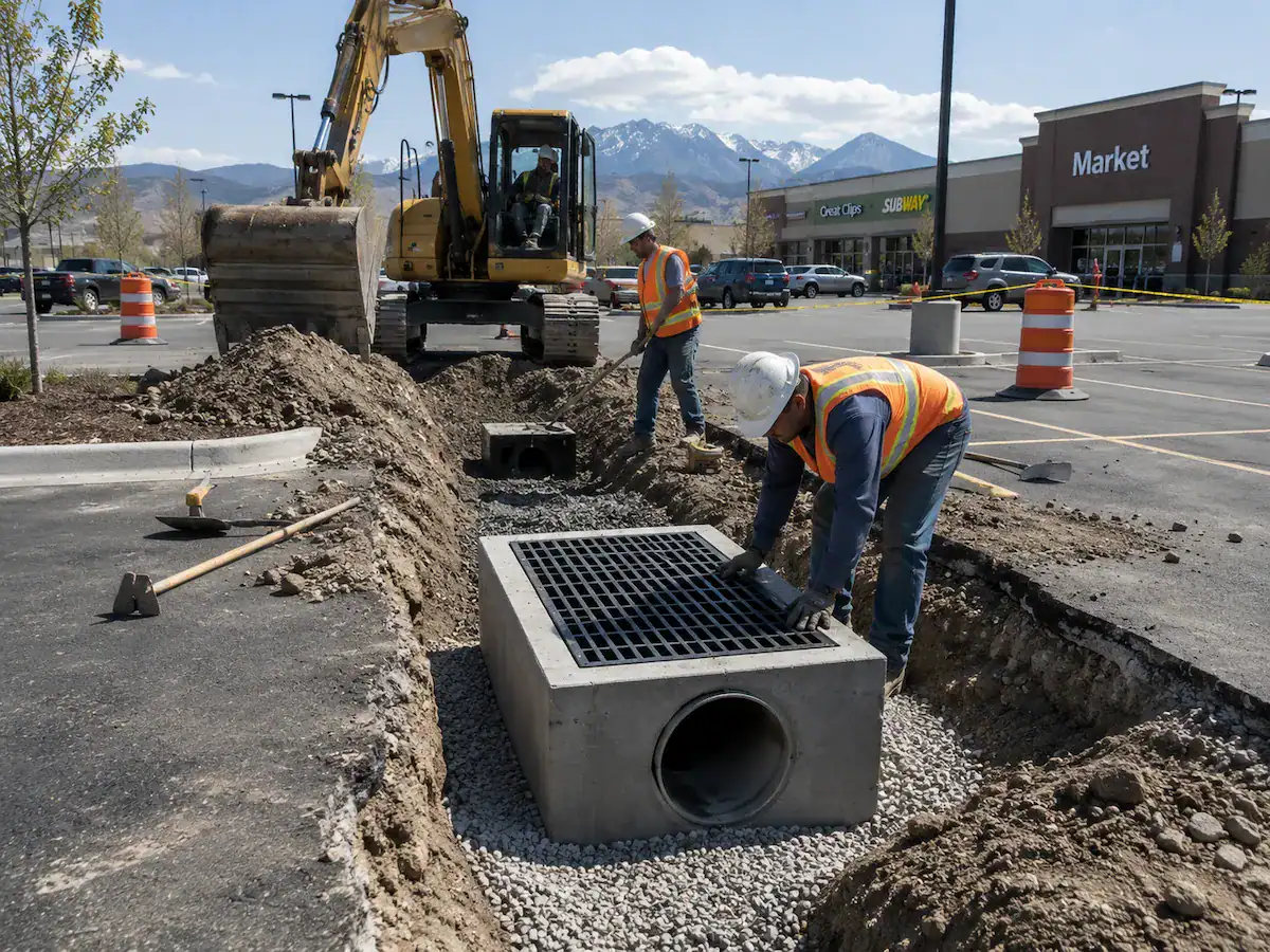 Construction crew installing a storm drain system in a commercial parking lot in Utah to improve drainage and stormwater management.