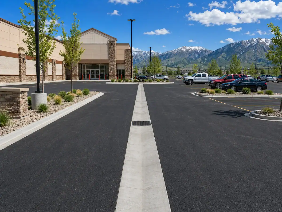 Completed commercial parking lot drainage project in Utah featuring a concrete drainage channel integrated into fresh asphalt pavement.