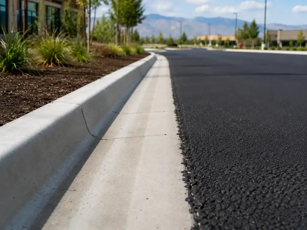 Concrete curb and gutter system alongside freshly paved asphalt roadway in Utah.