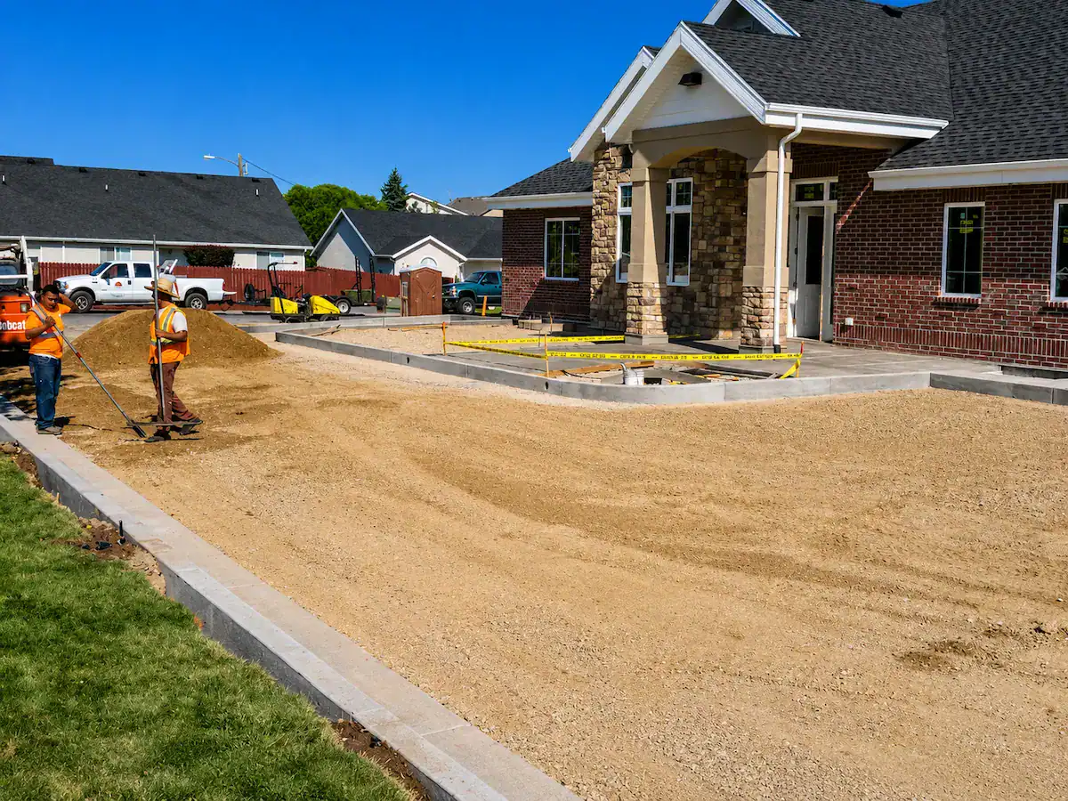 Construction crew performing final grading and site preparation around a commercial building in Utah.