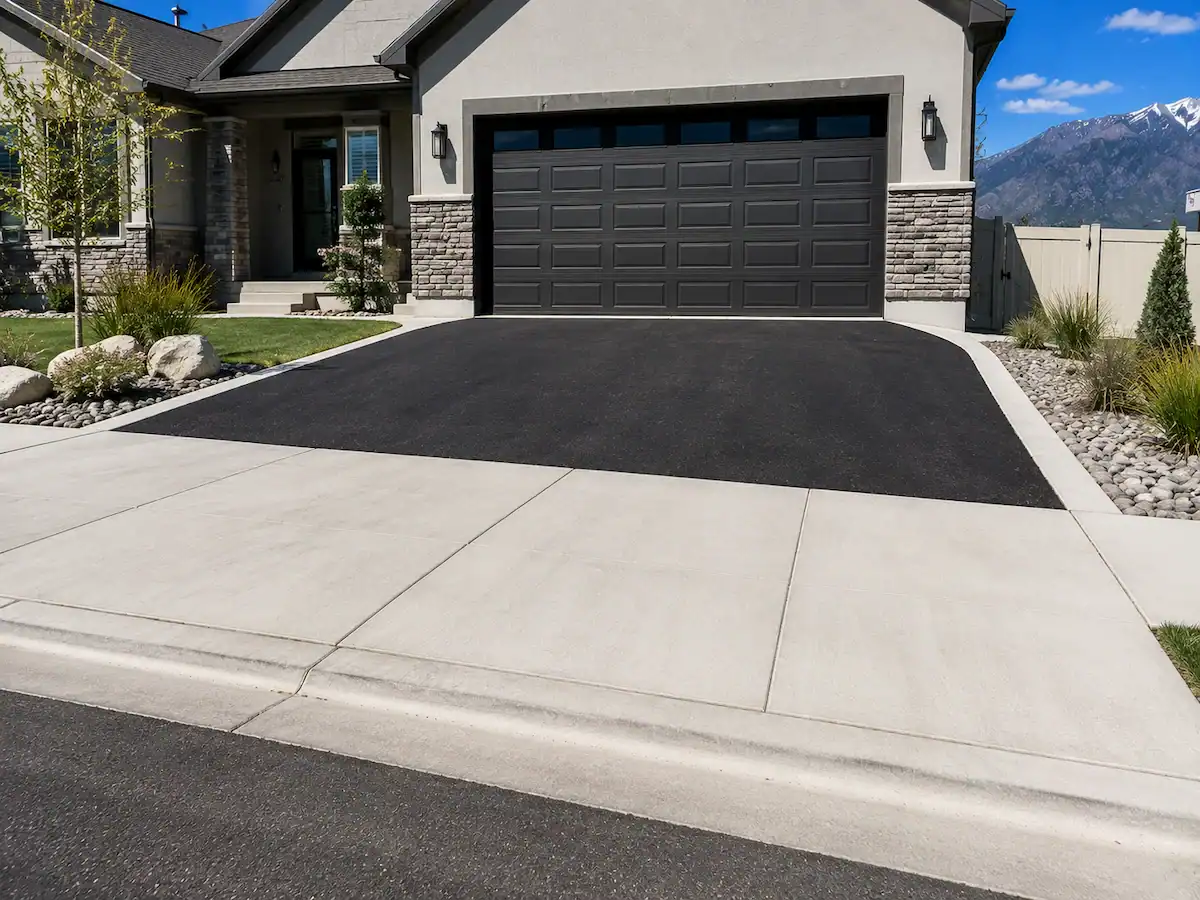 Residential asphalt driveway with a concrete apron and curb in front of a Utah home.