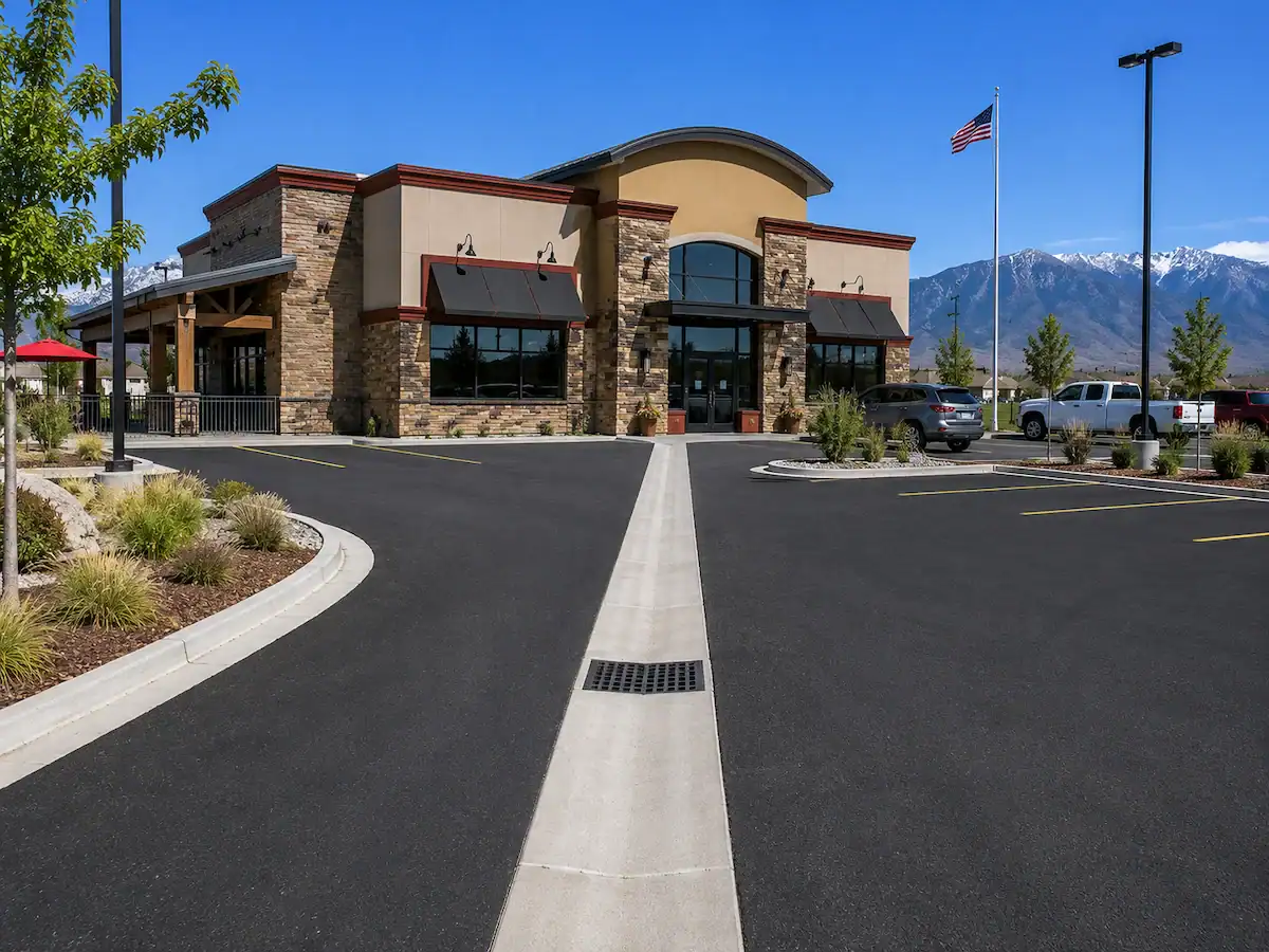 Restaurant parking lot in Utah featuring a concrete drainage channel designed to manage stormwater runoff and protect asphalt pavement.