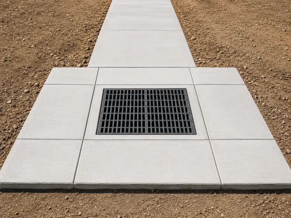 Storm drain installed within a concrete sidewalk to improve drainage and stormwater management in Utah.