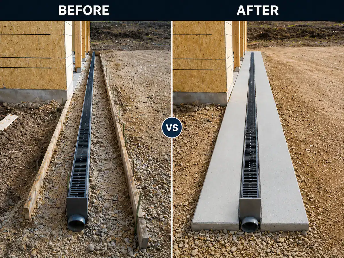 Before and after comparison of a trench drain installation showing drainage improvements at a Utah construction project.