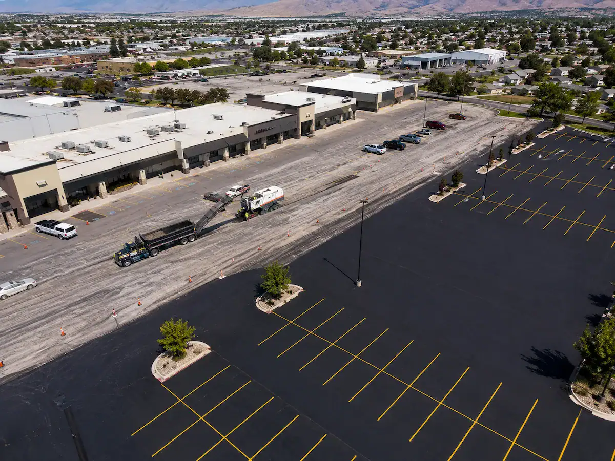 Aerial drone view of a commercial parking lot milling project in Utah