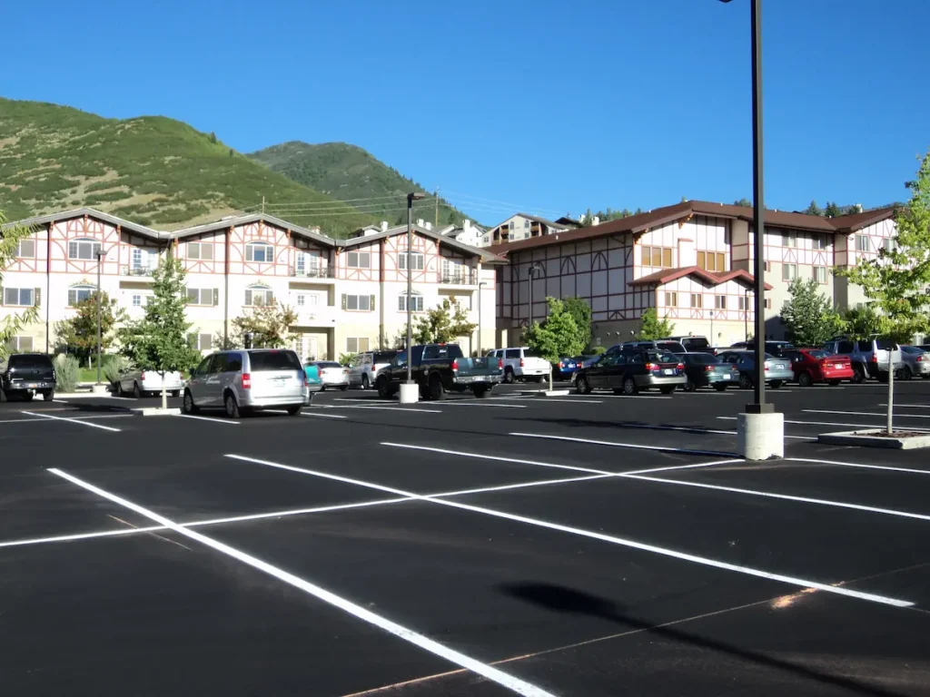 Fresh parking lot striping at a Utah hotel parking lot during summer weather