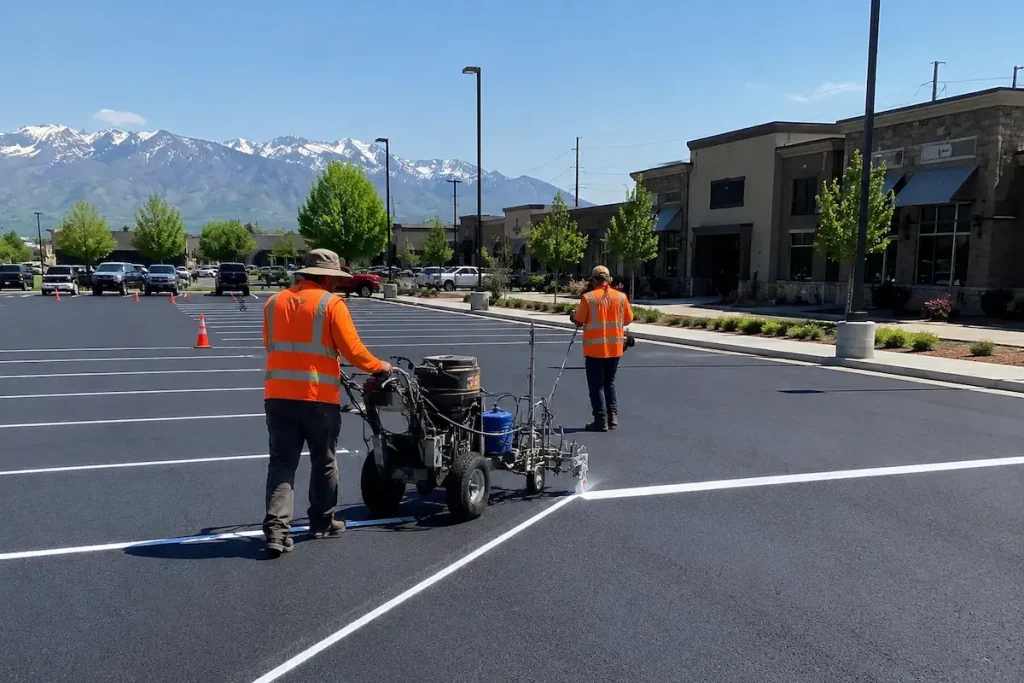 Construction workers performing parking lot striping services in Utah
