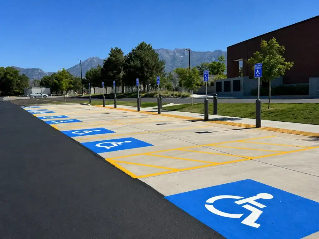 ADA-compliant parking lot striping and accessible parking spaces in Salt Lake City, Utah.