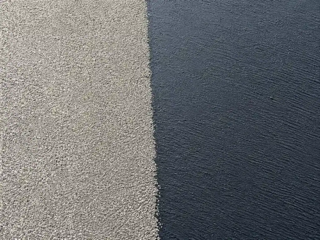 Before and after comparison of asphalt sealcoating showing protected pavement surface in Salt Lake City, Utah.