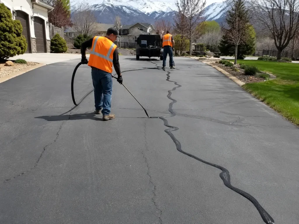 Workers performing asphalt crack sealing on a residential driveway in Springville, Utah to prevent water intrusion and pavement damage.