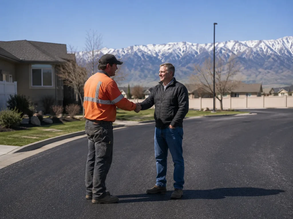 Asphalt paving crew member shaking hands with a customer in Utah