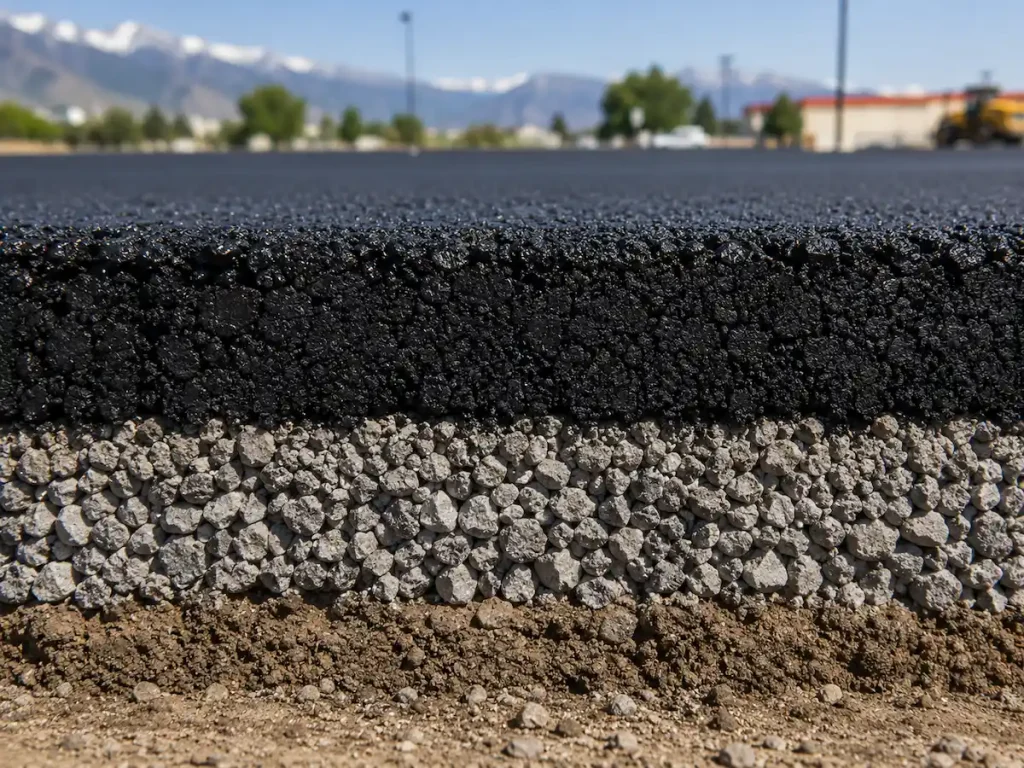 Close-up cross-section of a properly constructed asphalt pavement showing the asphalt surface, aggregate base, and compacted subgrade layers.