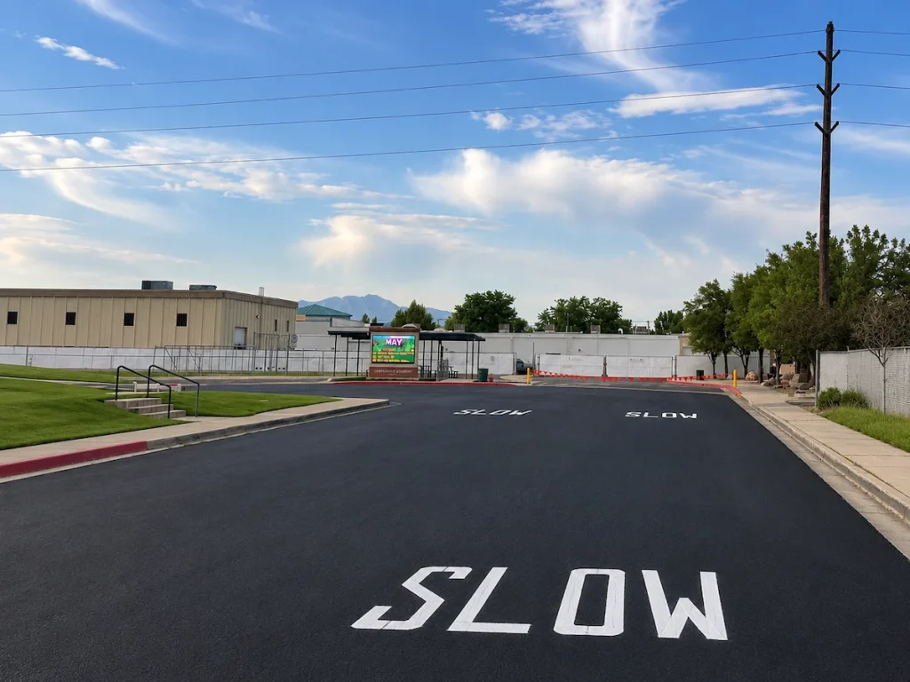 After photo of freshly sealcoated asphalt with bright new SLOW pavement markings at Timpanogos Academy in Lindon, Utah.