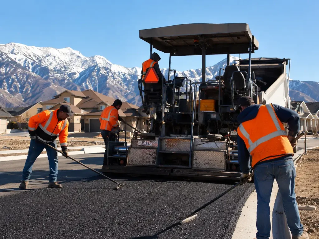 Experienced asphalt paving crew installing new pavement in Utah