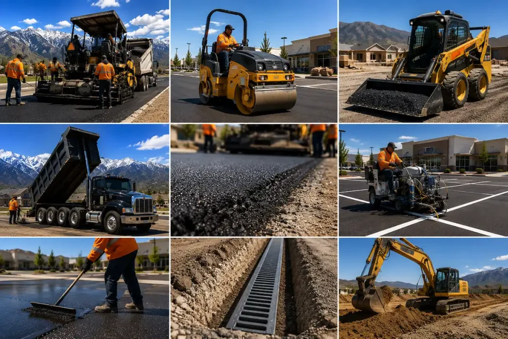 Collage of asphalt paving, sealcoating, striping, grading, drainage, and asphalt repair services in Utah