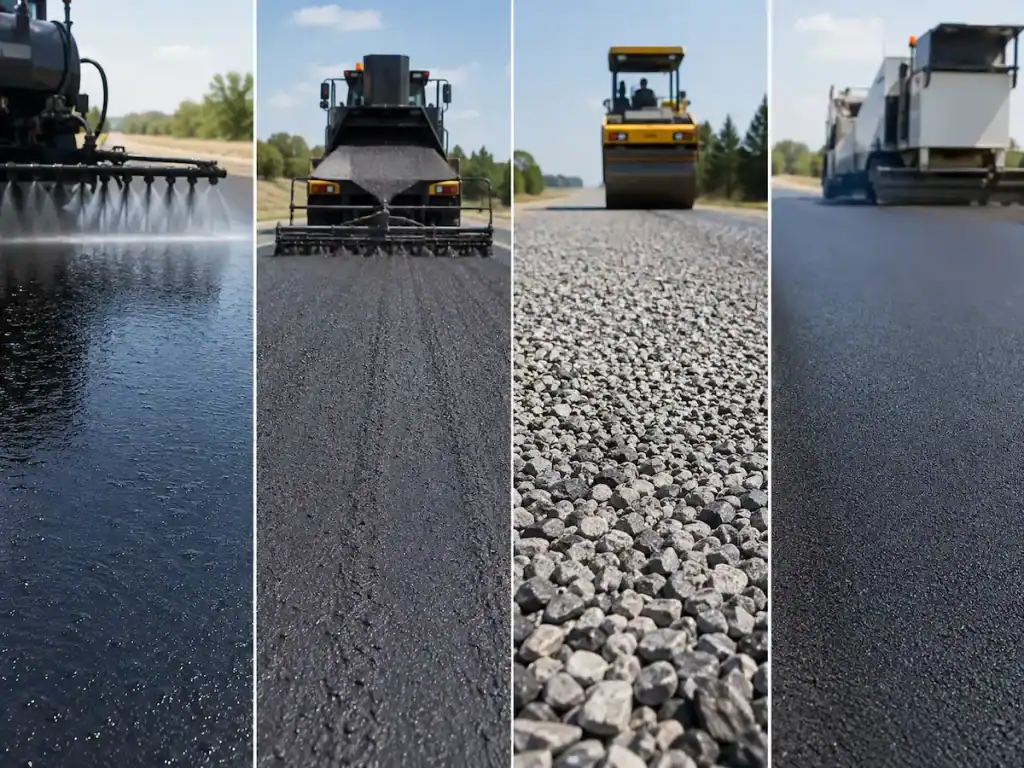 Comparison of asphalt surface treatments including sealcoat, slurry seal, chip seal, and microsurfacing.