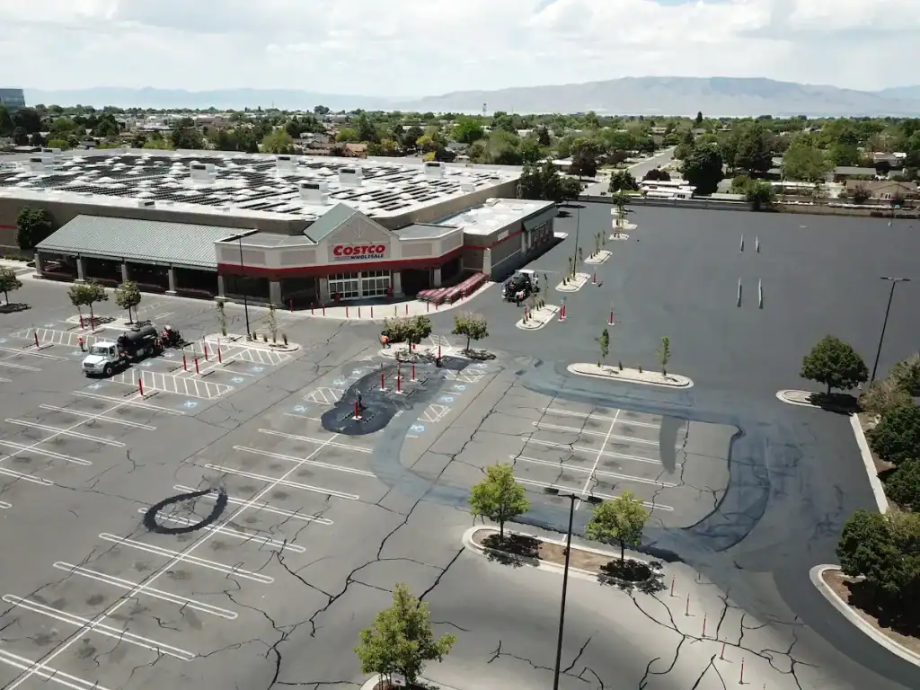 Aerial view of the freshly sealcoated and striped Costco parking lot in Orem, Utah.