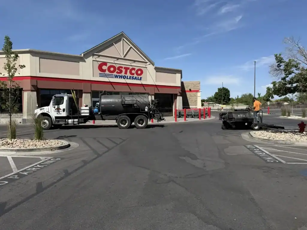 Costco parking lot in Orem, Utah, before a 345,000-square-foot sealcoating and striping project.