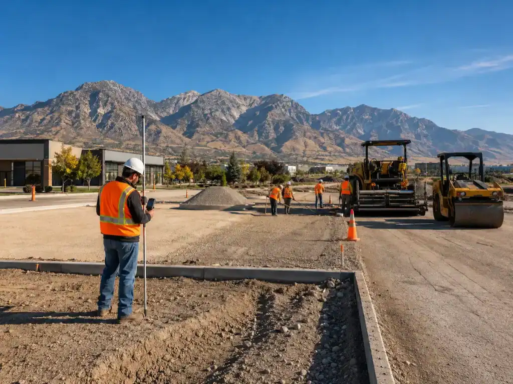 Asphalt paving crew preparing a parking lot for a paving project in Utah with mountains in the background.
