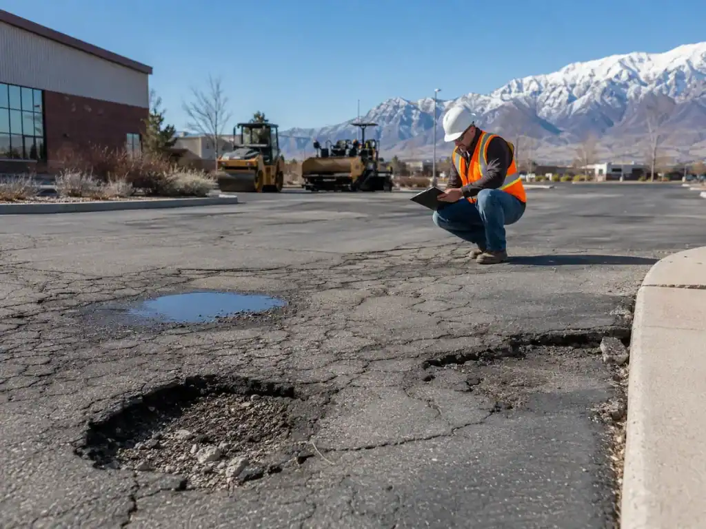 Cracked and uneven asphalt parking lot showing costly paving mistakes with Utah mountains in the background.