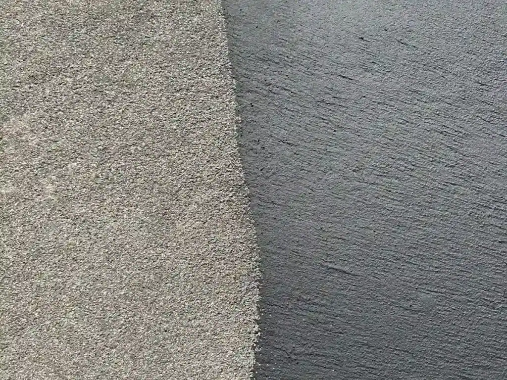 Before-and-after comparison showing faded gray asphalt beside freshly sealcoated black pavement at Utah Valley University in Orem, Utah.