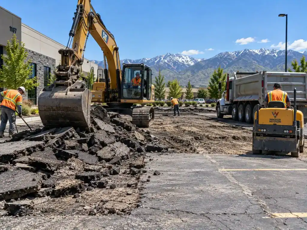 Asphalt crew removing damaged pavement during a remove and replace project at a commercial parking lot in Utah.