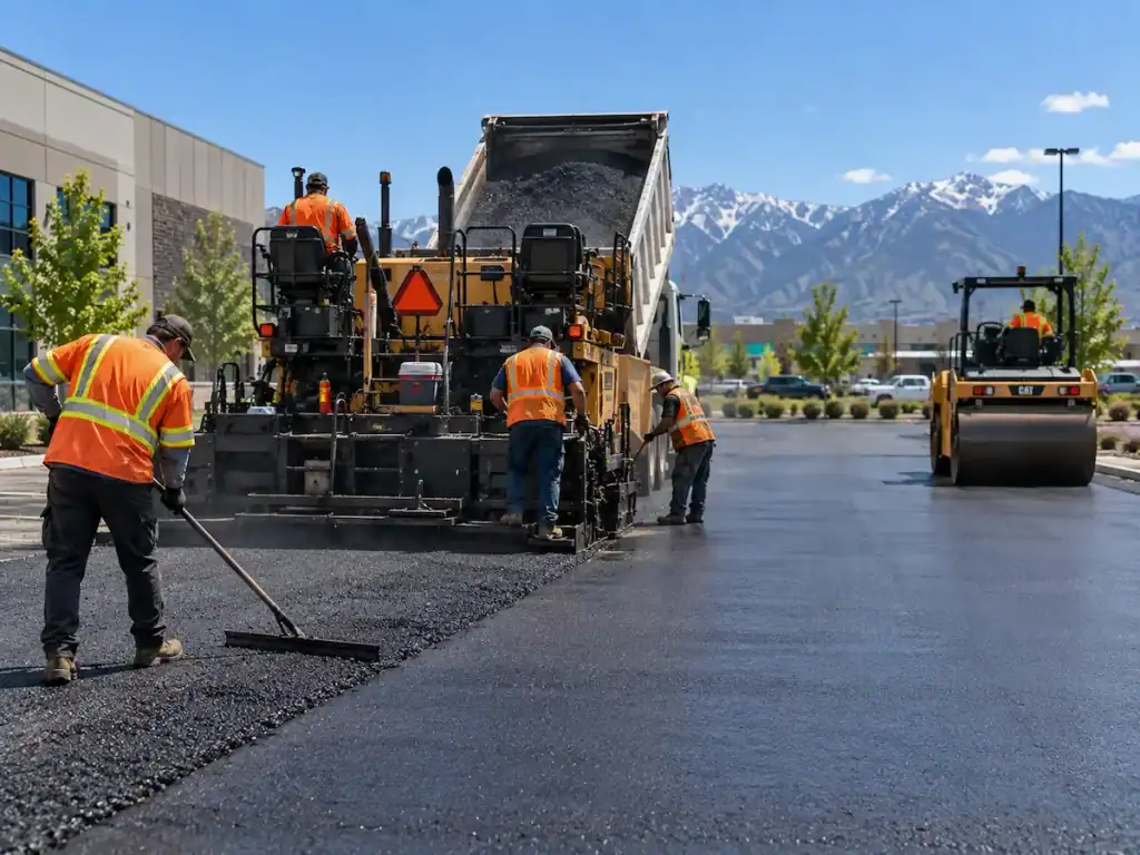 Asphalt crew resurfacing a commercial parking lot in Utah with a paver and roller.