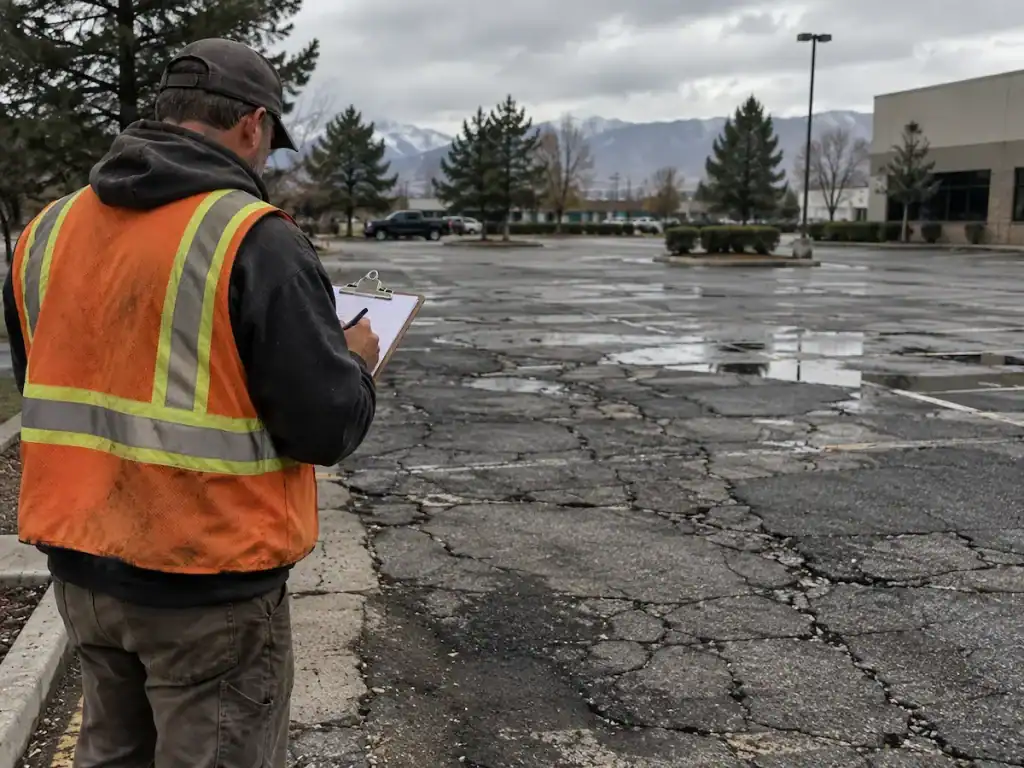Asphalt contractor inspecting a damaged Utah parking lot to determine whether the pavement should be sealcoated, resurfaced, or replaced.