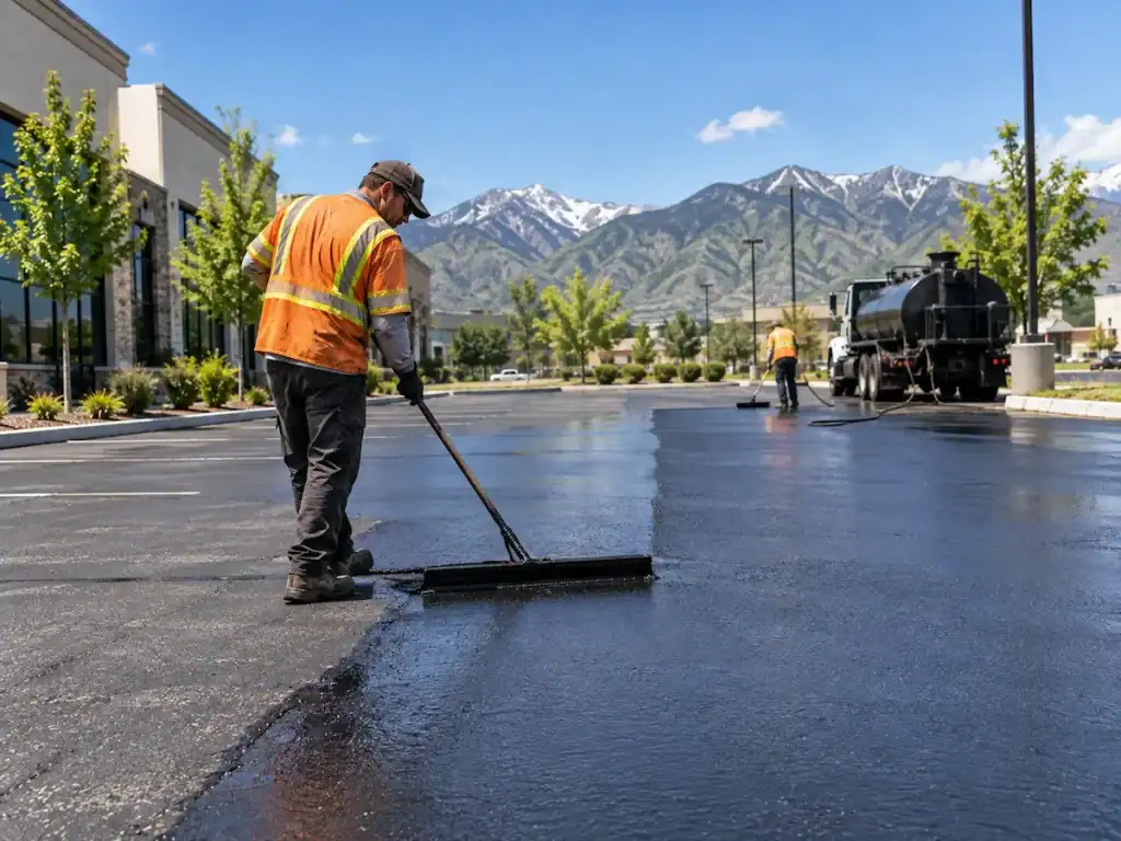 Asphalt crew applying sealcoat to a commercial parking lot in Utah with mountains in the background.