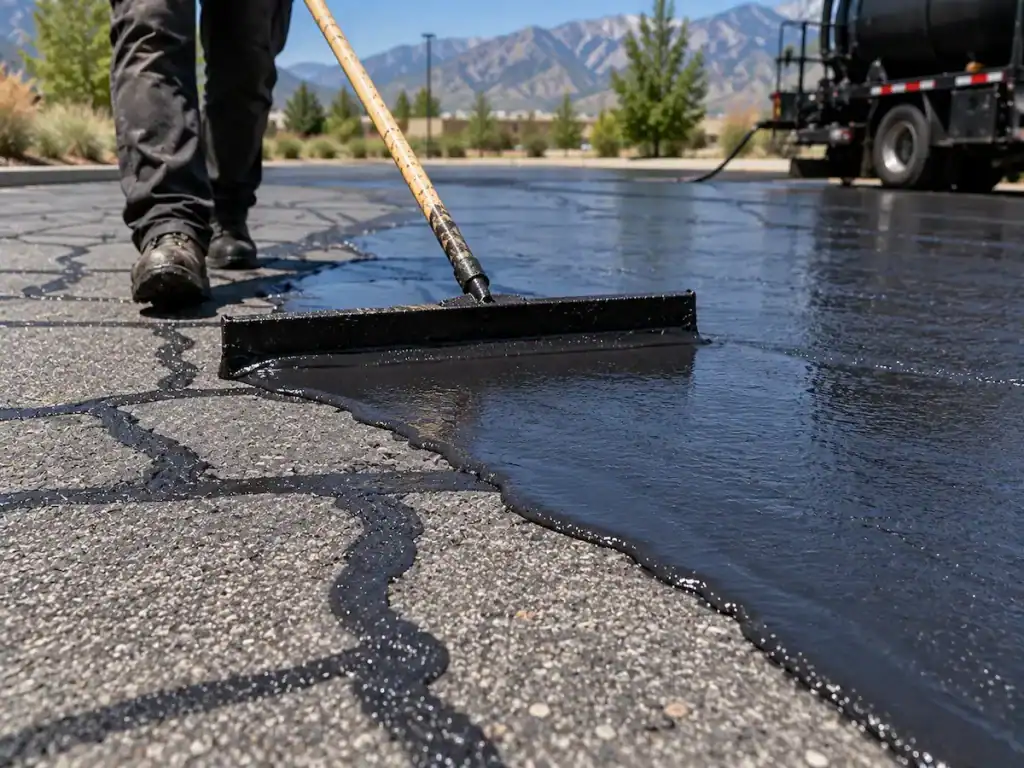 Fresh sealcoat being applied over crack-sealed asphalt during pavement maintenance in Utah.