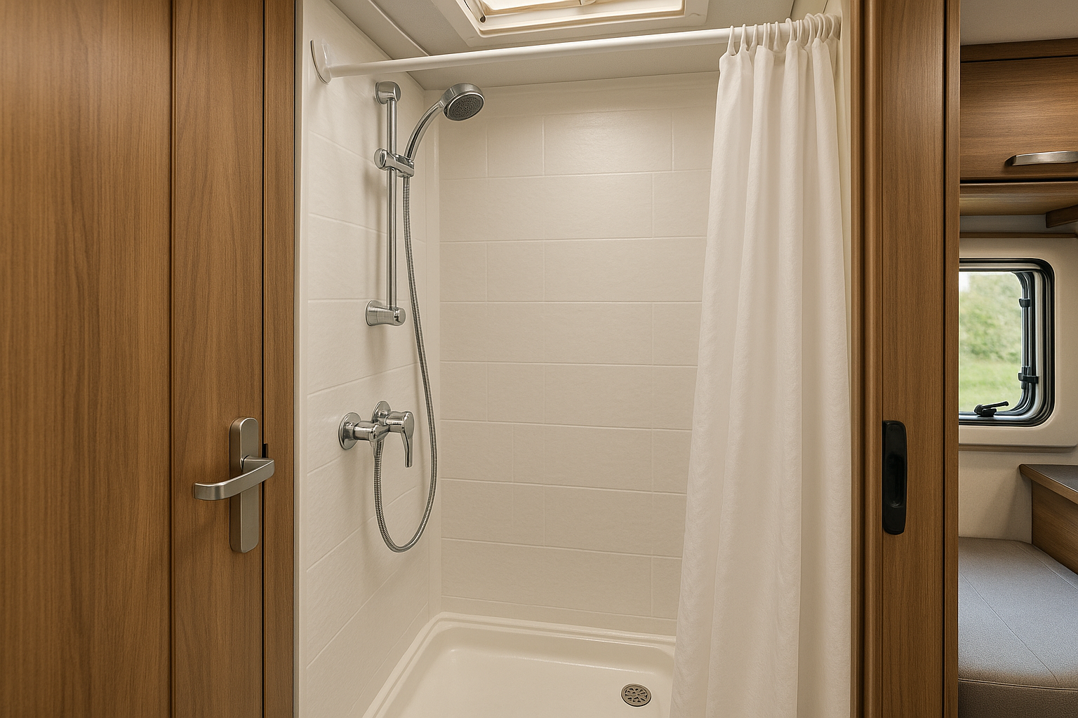 Douche compacte à l’intérieur d’un camping-car, avec parois claires et un rideau de douche souple partiellement fermé.