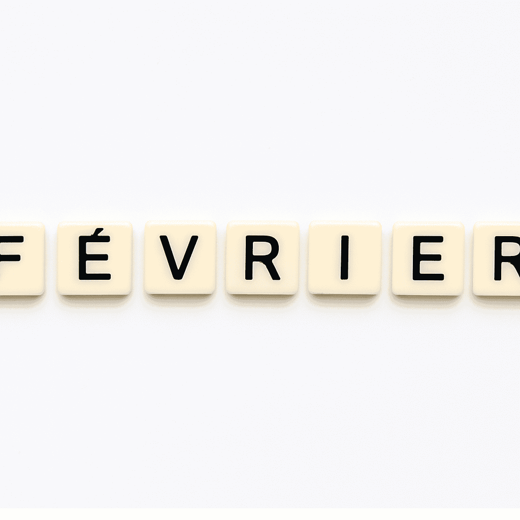 Mot « fevrier » formé avec des lettres de type Scrabble beiges sur fond blanc minimaliste, représentant le mois de mai pour un article voyage « Où aller en Europe en fevrier ».