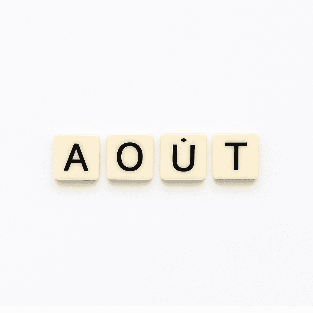 Mot « aout » formé avec des lettres de type Scrabble beiges sur fond blanc minimaliste, représentant le mois de mai pour un article voyage « Où aller en Europe en aout ».