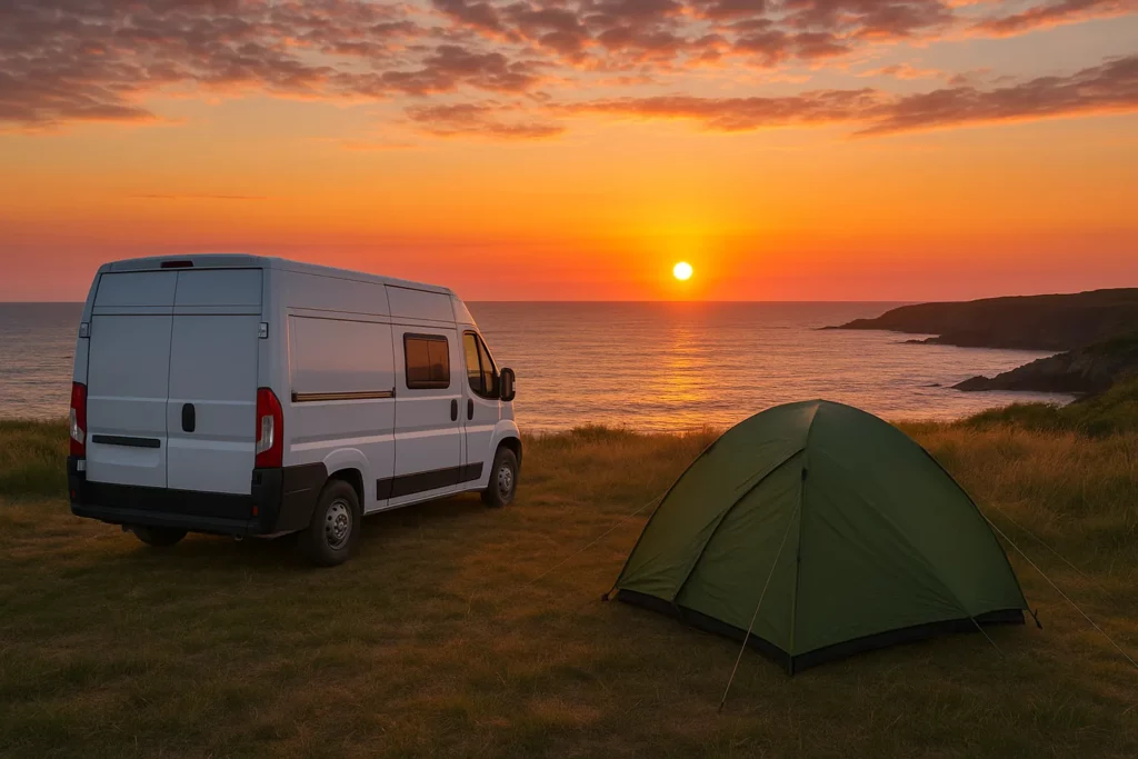 Camping sauvage en Bretagne avec un van et une tente installés au bord d’une falaise, face à un coucher de soleil sur l’océan.