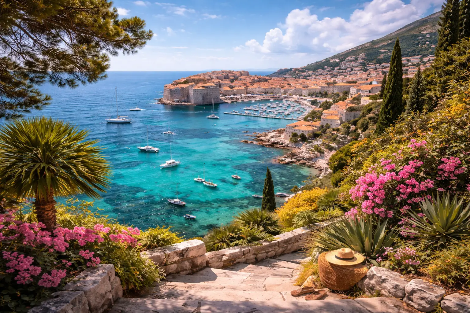 Paysage côtier de Croatie en van : vue panoramique sur Dubrovnik, la mer Adriatique turquoise, des bateaux au mouillage et la vieille ville aux toits orangés, entourée de végétation méditerranéenne sous un ciel ensoleillé.