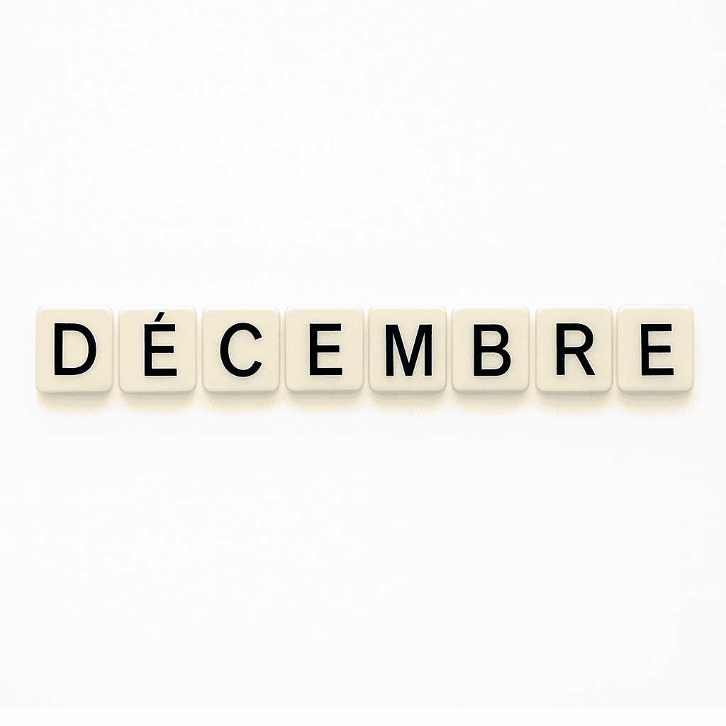 Mot « décembre » formé avec des lettres de type Scrabble beiges sur fond blanc minimaliste, représentant le mois de mai pour un article voyage « Où aller en Europe en décembre ».