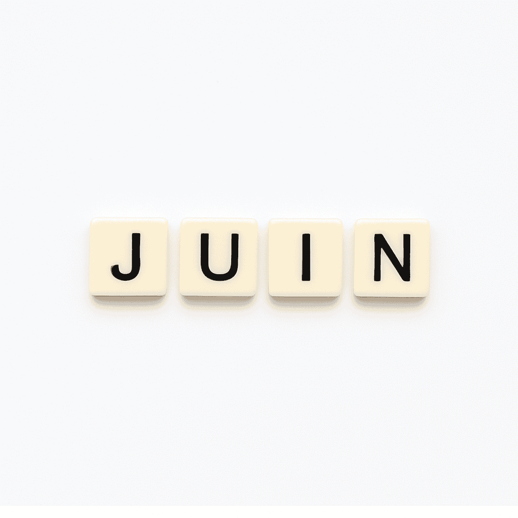 Mot « juin » formé avec des lettres de type Scrabble beiges sur fond blanc minimaliste, représentant le mois de mai pour un article voyage « Où aller en Europe en juin ».