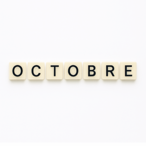 Mot « octobre » formé avec des lettres de type Scrabble beiges sur fond blanc minimaliste, représentant le mois de mai pour un article voyage « Où aller en Europe en octobre ».