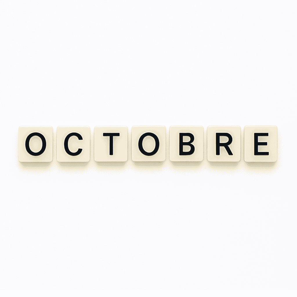 Mot « octobre » formé avec des lettres de type Scrabble beiges sur fond blanc minimaliste, représentant le mois de mai pour un article voyage « Où aller en Europe en octobre ».