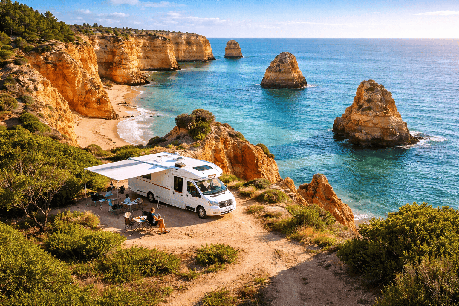 Van aménagé stationné au bord d’une falaise sur la côte de l’Algarve, avec vue panoramique sur l’océan Atlantique, les falaises dorées et les formations rocheuses, illustrant un voyage au Portugal en van.