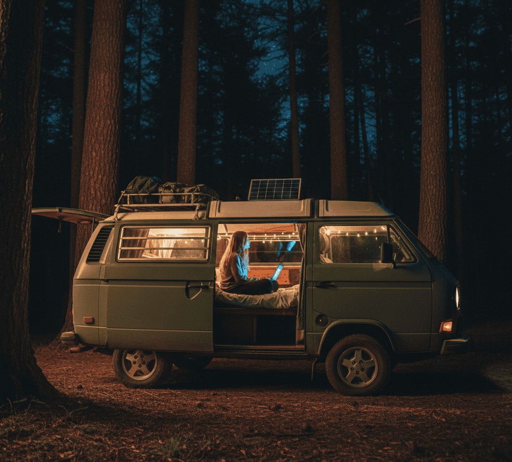 Un van aménagé est stationné de nuit, loin d'une route. À l'intérieur, la silhouette d'une femme est visible à travers la fenêtre, baignée par une douce lumière intérieure. L'image est une photo réaliste.